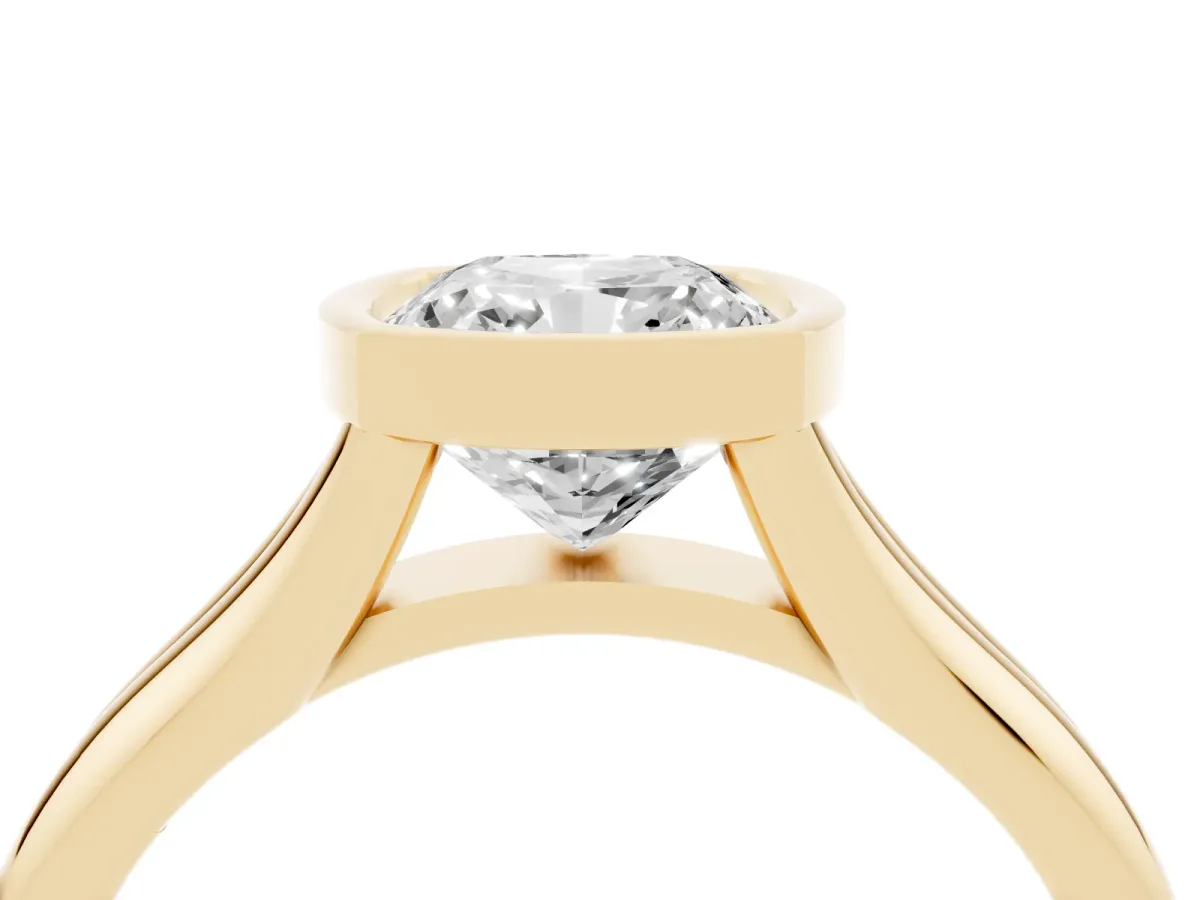Bezel Set Cushion Cut Solitaire Diamond Ring with Smooth Band Yellow gold