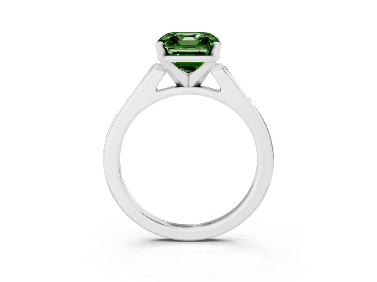 Fancy Green Asscher Cut Diamond Solitaire Ring with Channel Set Round Band and Prong Setting Silver