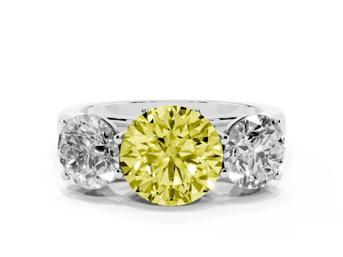 Fancy Yellow Round Cut Three-Stone Diamond Ring with Prong Setting on a Classic Band Silver