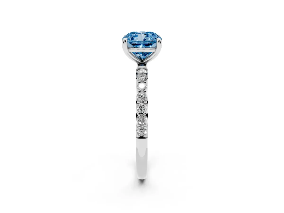 Fancy Blue Cushion Cut Diamond Solitaire Ring with Round Pavé Band and Prong Setting Silver