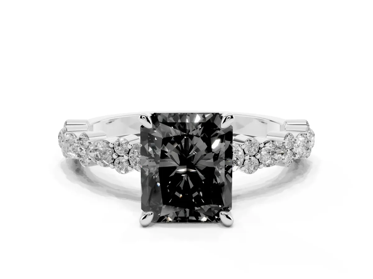 Fancy Black Radiant Cut Diamond Side Stone Solitaire Ring with Round and Four-Prong Setting Platinum