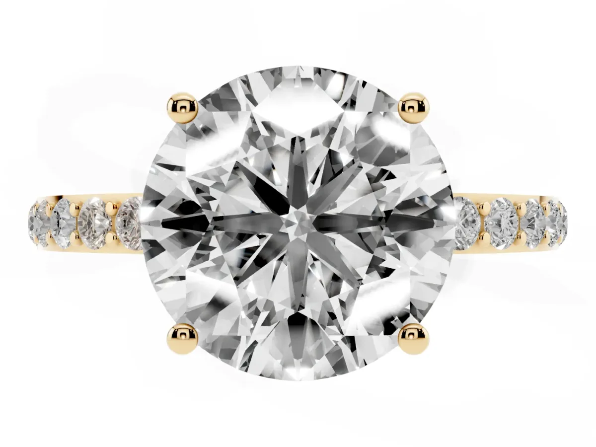 Round Cut Diamond Solitaire Ring with Round Pavé Shoulders and Prong Setting Yellow gold