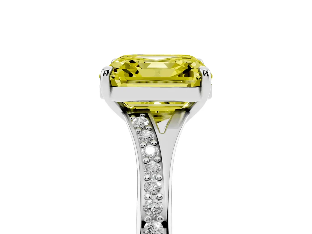 Fancy Yellow Asscher Cut Diamond Solitaire Ring with Pavé Band and Prong Setting Silver