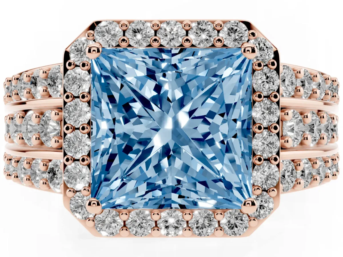 Fancy Blue Princess Cut Halo Diamond Ring with Round Split Shank and Prong Setting Rose gold