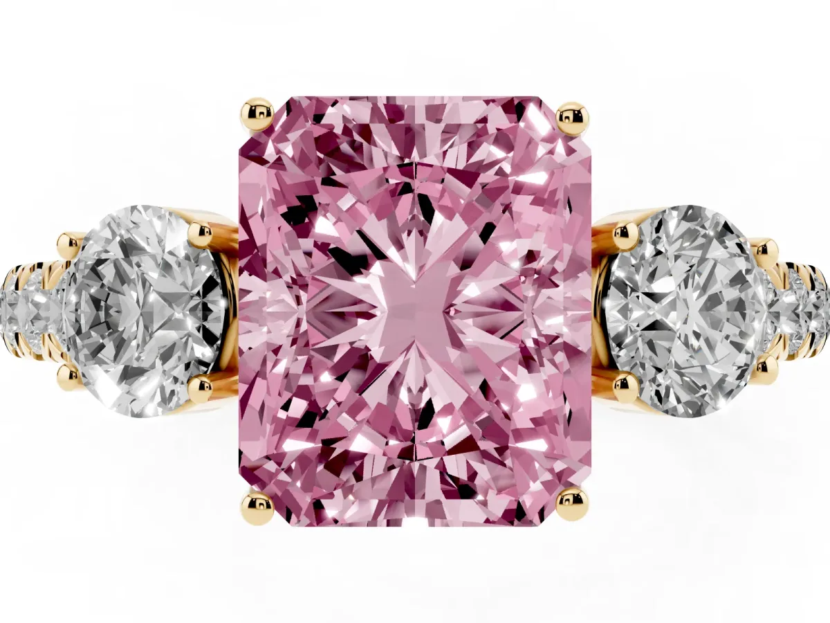 Fancy Pink Radiant Cut Cut Diamond Three-Stone Ring with Round Side Stones and Pavé Band Yellow gold