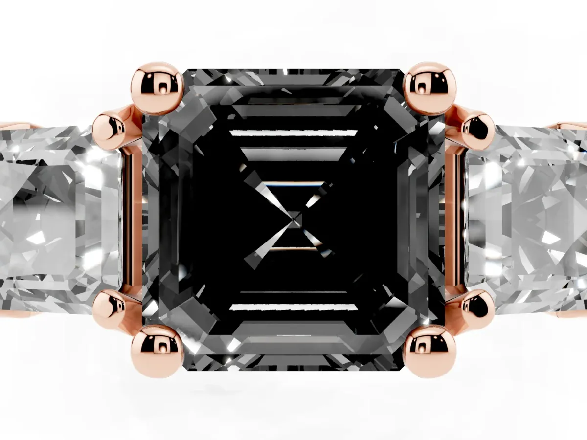 Fancy Black Asscher Cut Diamond Three-Stone Ring with Channel Set Band and Four-Prong Setting Rose gold