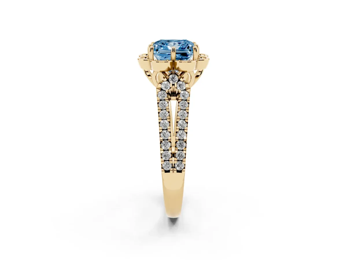 Fancy Blue Princess Cut Halo Diamond Floral Split Shank Engagement Ring Yellow gold