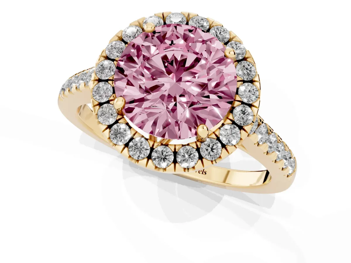 Fancy Pink Round Cut Halo Pavé Diamond Engagement Ring with Four-Prong Setting Yellow gold