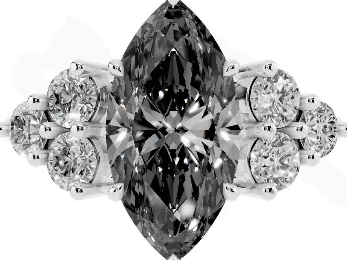 Fancy Black Marquise Cut Brilliant Diamond Cluster Accent Solitaire Ring with Prong Setting Silver