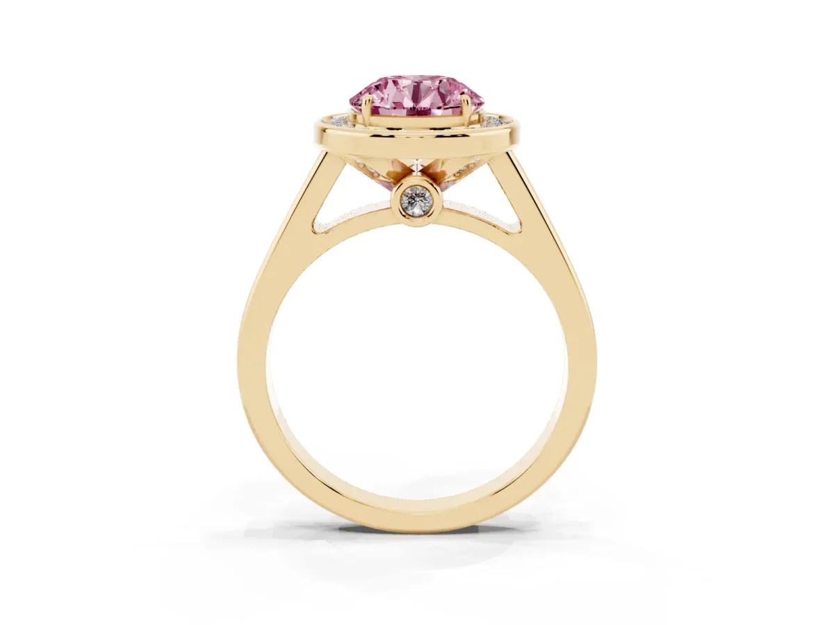 Fancy Pink Round Cut Halo Solitaire Diamond Ring with Pave Band and Bezel Setting Yellow gold