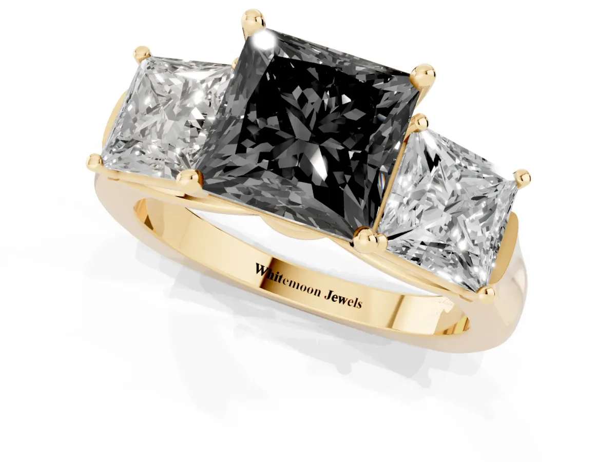 Fancy Black Three-Stone Princess Cut Brilliant Diamond Trellis Ring with Comfort Fit Band Yellow gold