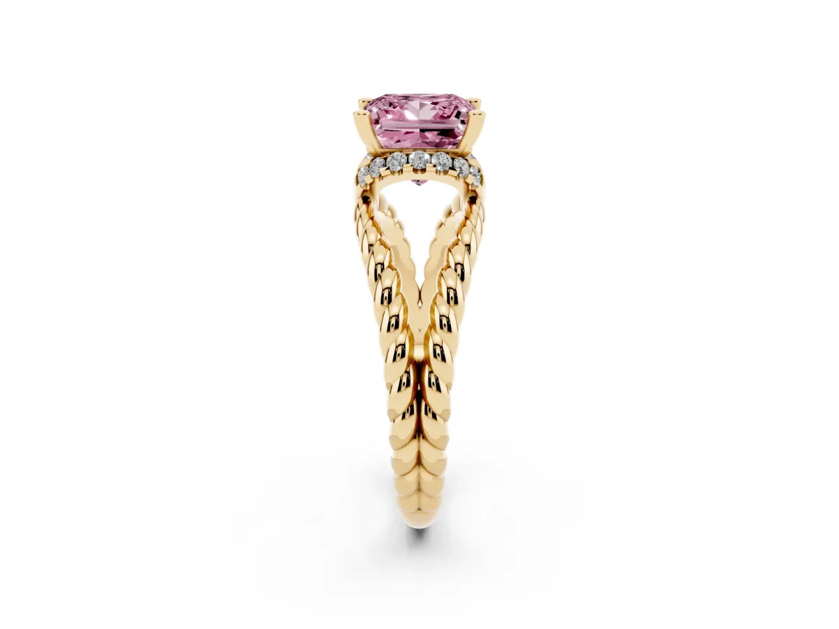 Fancy Pink Princess Cut Halo Twisted Band Four-Prong Ring Yellow gold