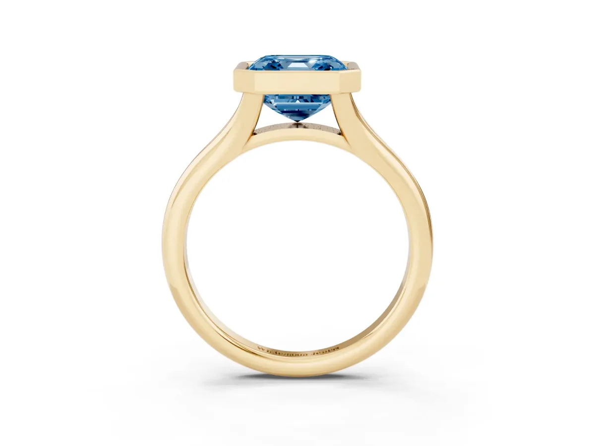 Fancy Blue Bezel Set Asscher Cut Solitaire Diamond Ring with Smooth Band Yellow gold