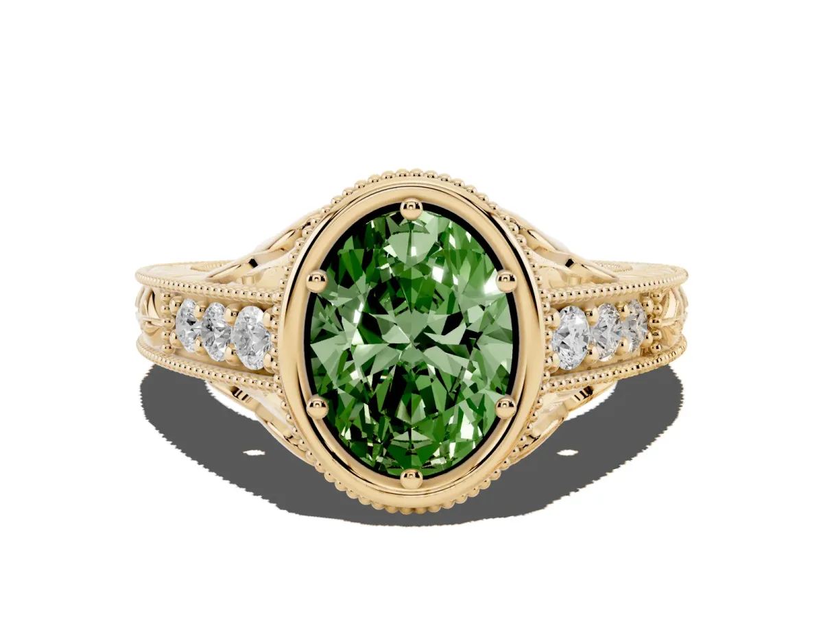 Fancy Green Bezel Set Oval Cut Diamond Milgrain Pave Engagement Ring Yellow gold