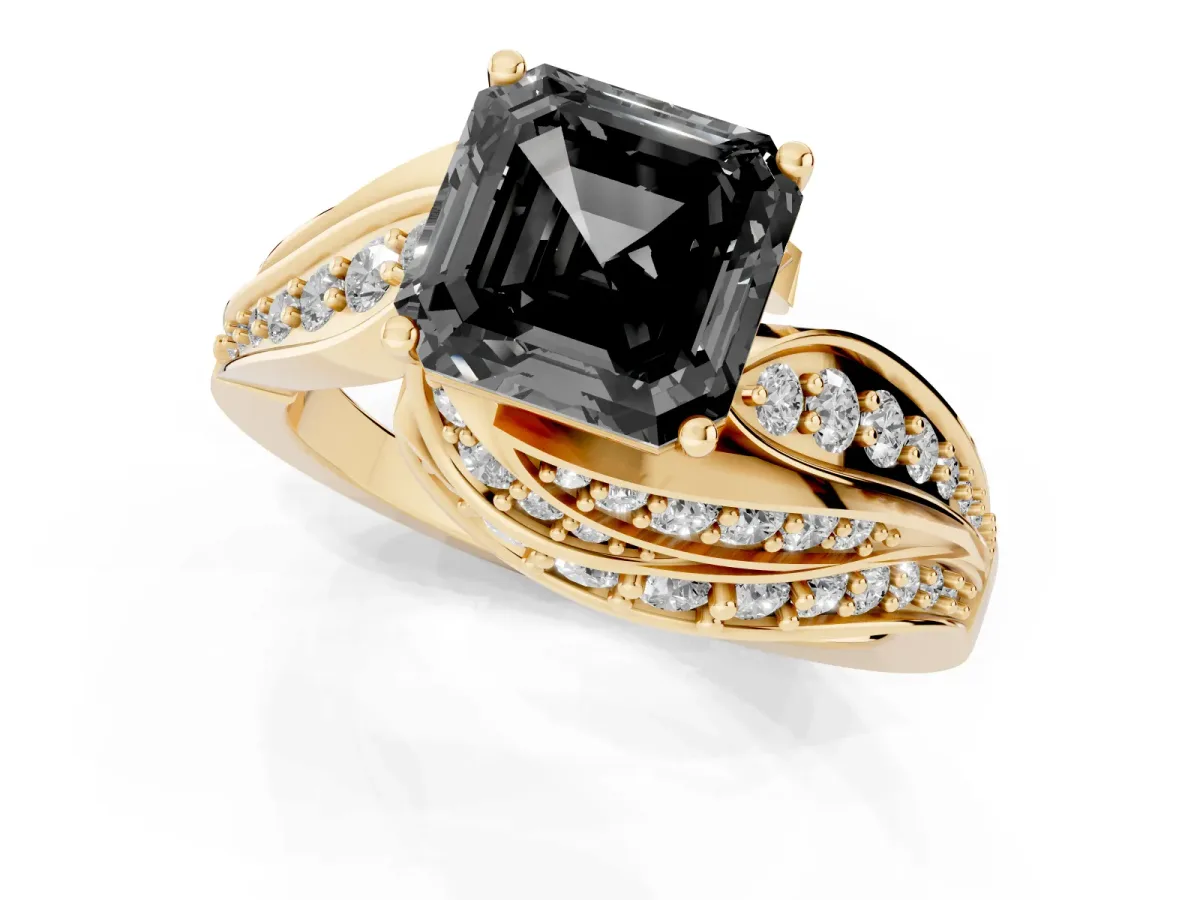 Fancy Black Asscher Cut Diamond Solitaire Ring with Prong Setting and Twisted Pavé Band Yellow gold