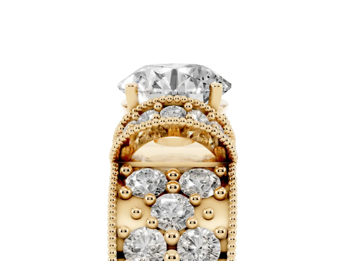 Round Cut Halo Pave Diamond Engagement Ring with Milgrain Detailing Yellow gold