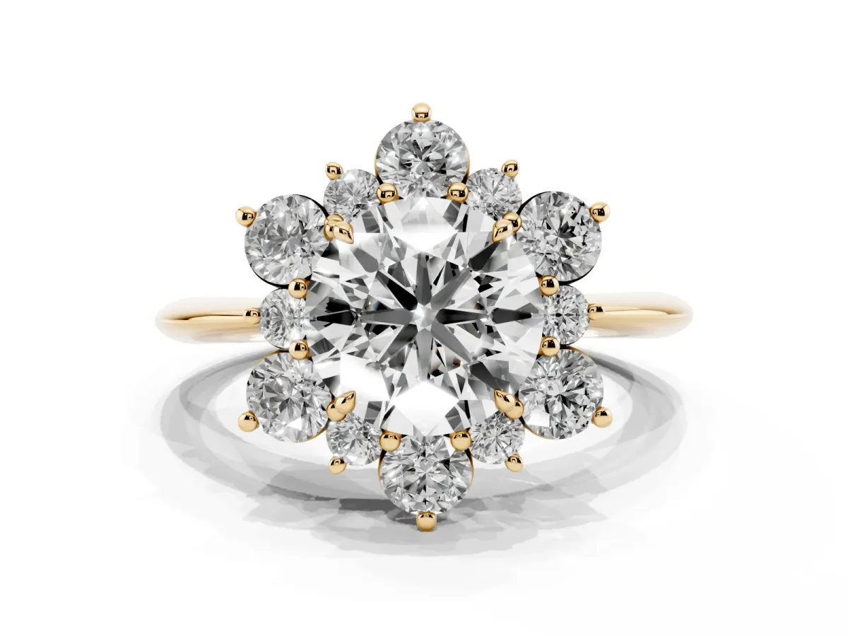 Round Cut Diamond Cluster Halo Ring with Solitaire Band and Four-Prong Setting Yellow gold