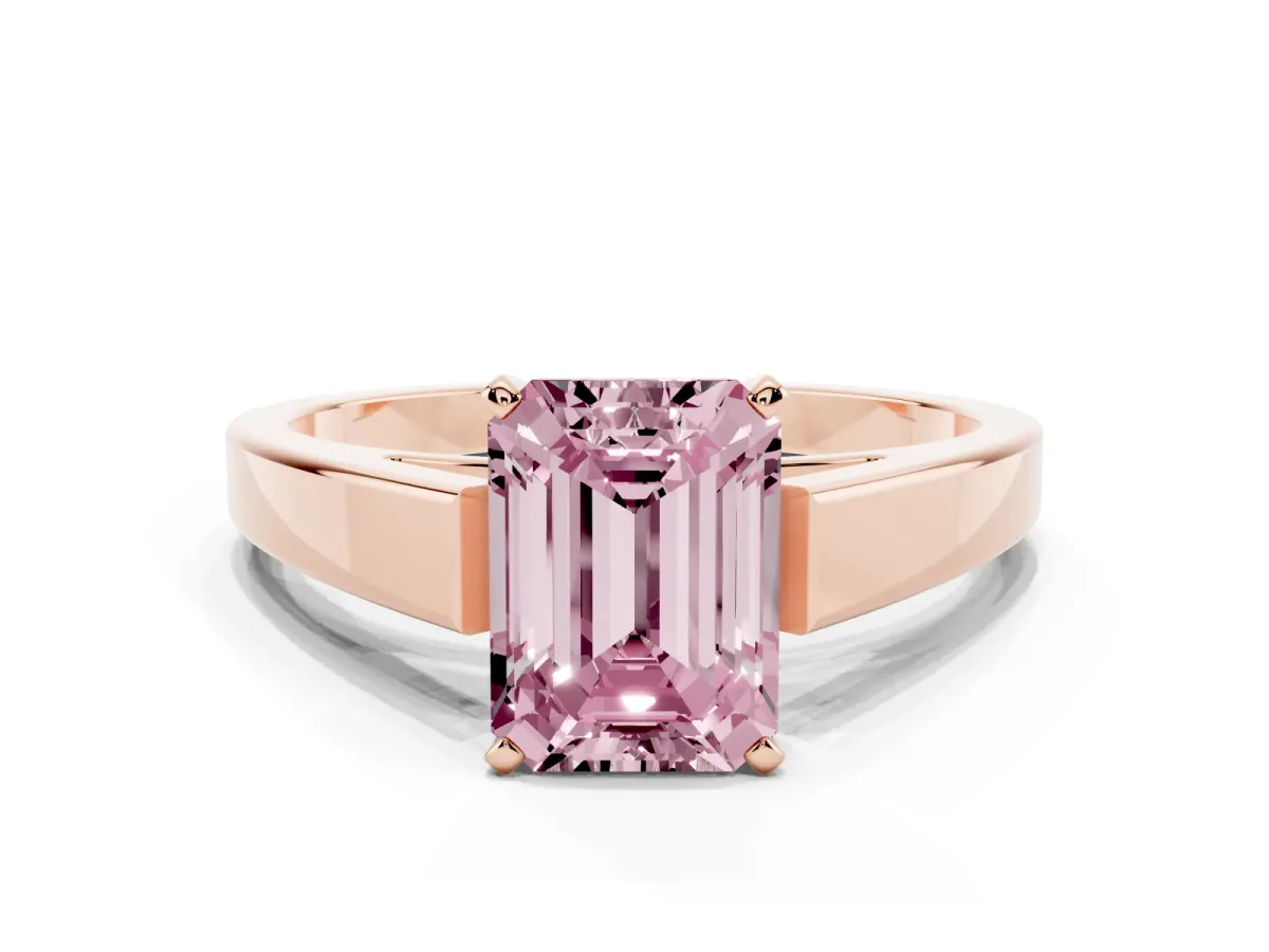 Fancy Pink Emerald Cut Solitaire Engagement Ring with Four-Prong Setting and Tapered Band Rose gold