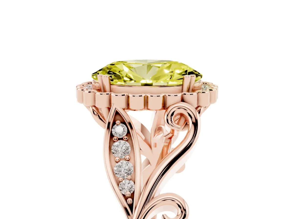 Fancy Yellow Oval Cut Diamond Halo Ring with Vintage Split Shank and Four-Prong Setting Rose gold
