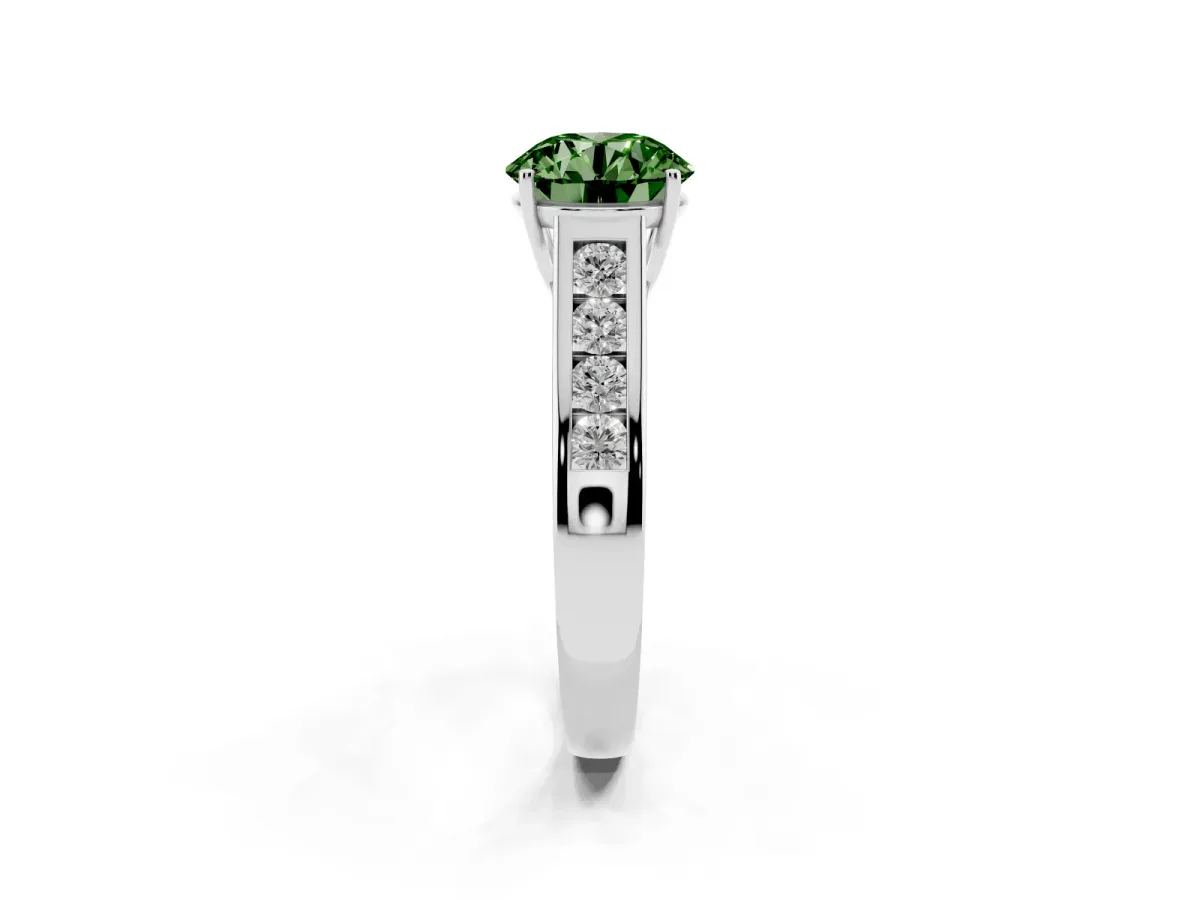 Fancy Green Round Cut Solitaire Channel-Set Diamond Engagement Ring with Four-Prong Setting Platinum
