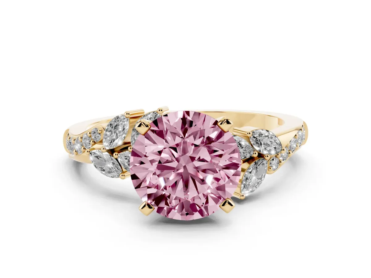 Fancy Pink Round Cut Solitaire Marquise Twist Band with Six-Prong Setting Yellow gold