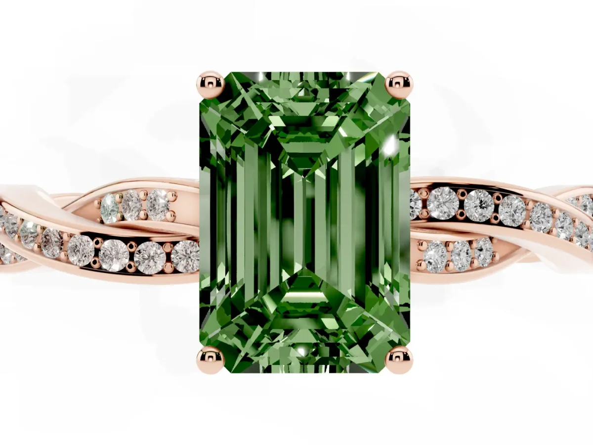 Fancy Green Emerald Cut Solitaire Twisted Pave Diamond Ring with Four-Prong Setting Rose gold