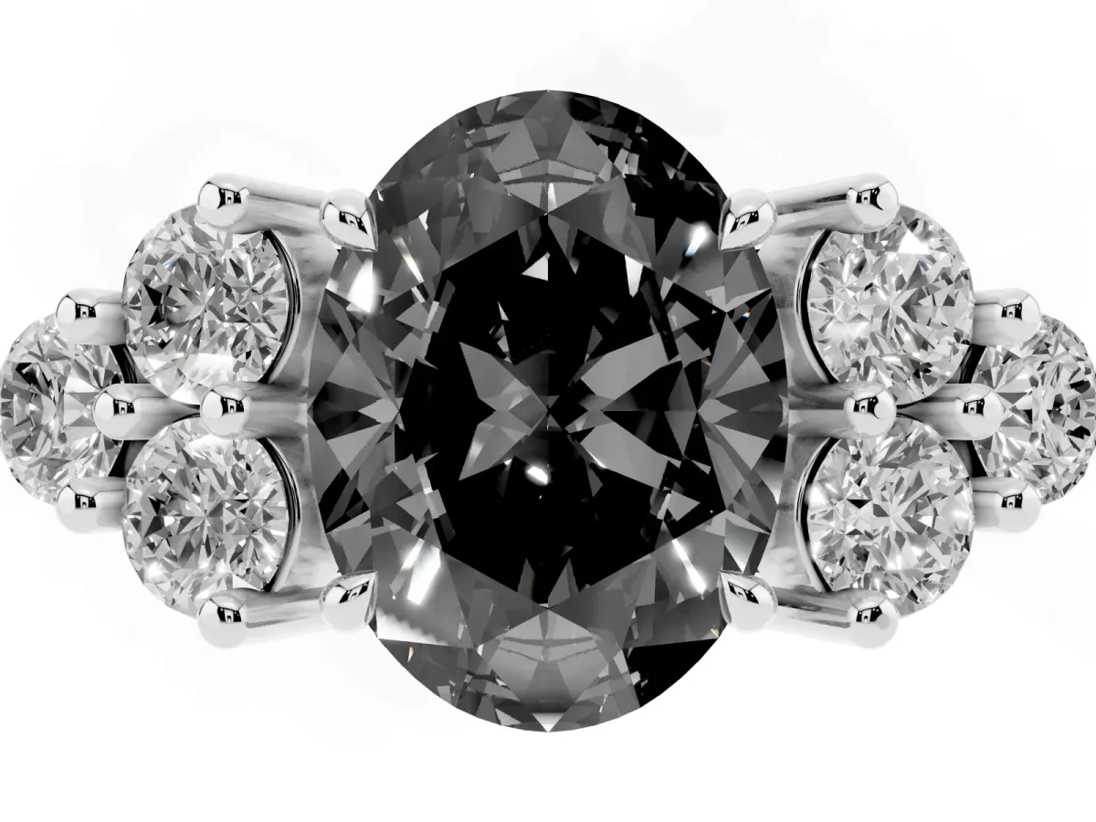 Fancy Black Oval Cut Brilliant Diamond Cluster Accent Solitaire Ring with Prong Setting White gold