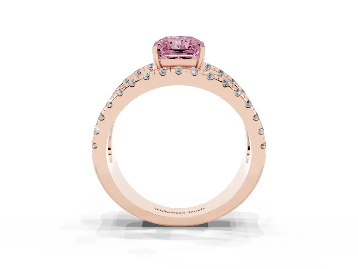 Fancy Pink Radiant Cut Solitaire Split Shank Pave Diamond Ring Rose gold