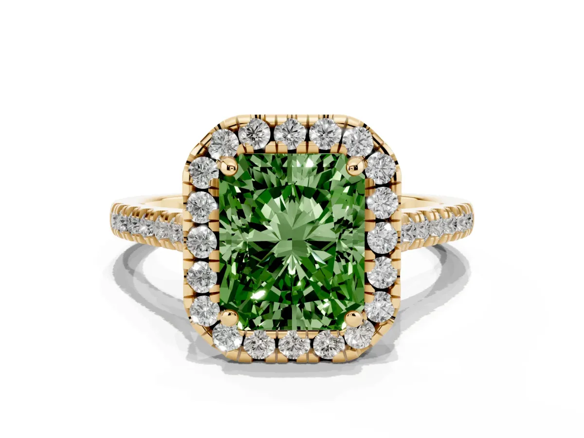 Fancy Green Radiant Cut Diamond Cushion Halo Ring with Pavé Band Yellow gold