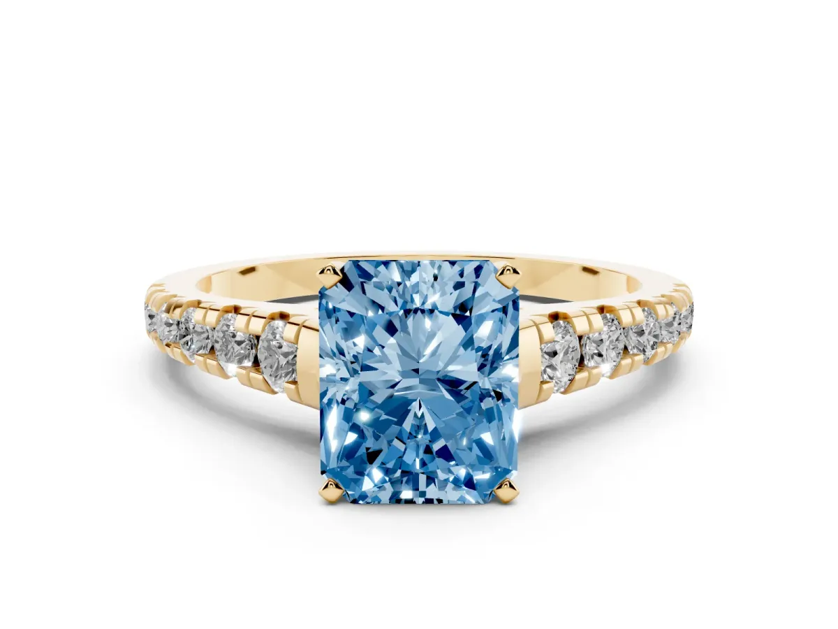Fancy Blue Radiant Cut Diamond Cathedral Solitaire Ring with Round Pavé Band Yellow gold