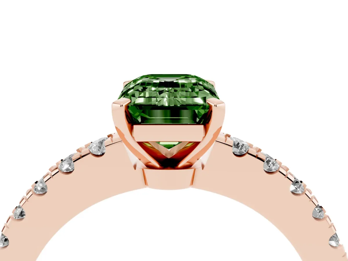 Fancy Green Emerald Cut Solitaire Diamond with Pavé Band and Four-Prong Setting Rose gold