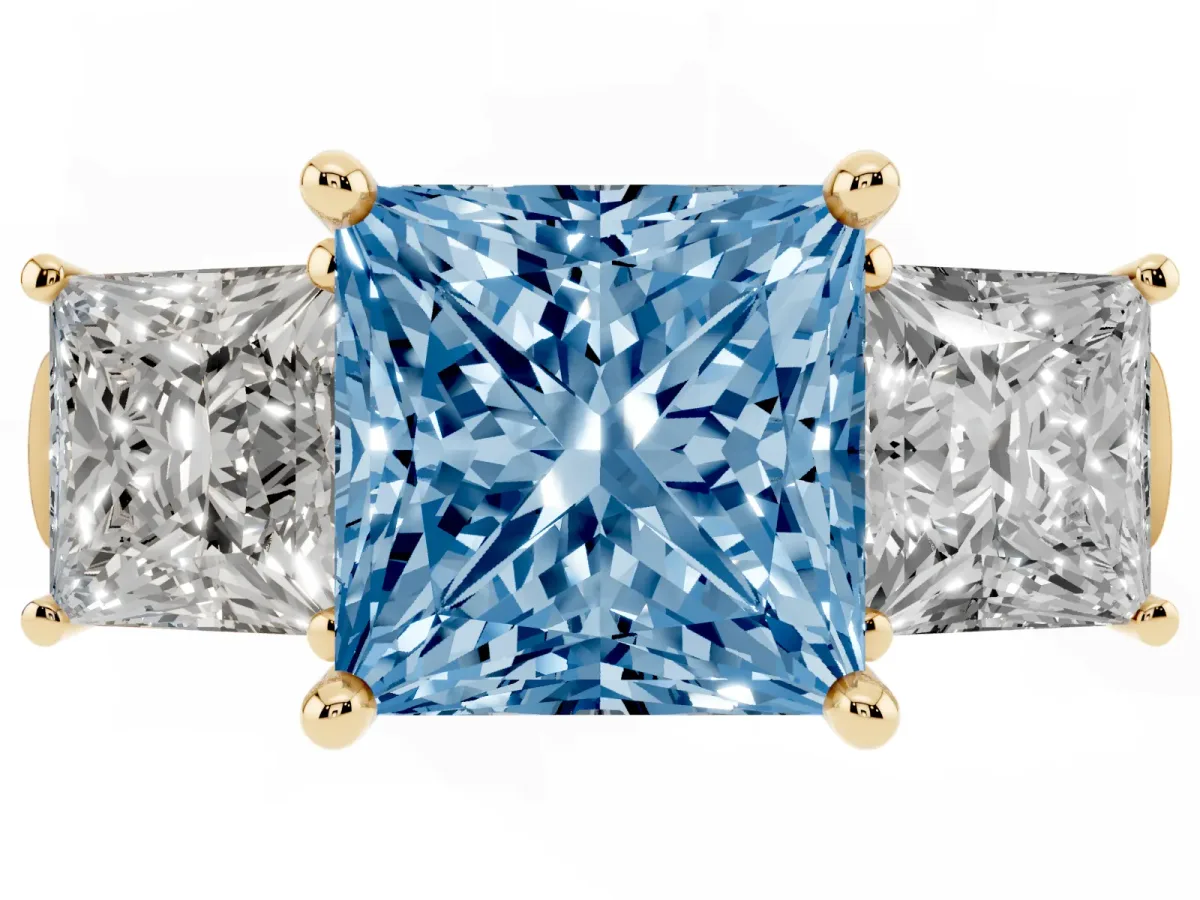 Fancy Blue Three-Stone Princess Cut Brilliant Diamond Trellis Ring with Comfort Fit Band Yellow gold