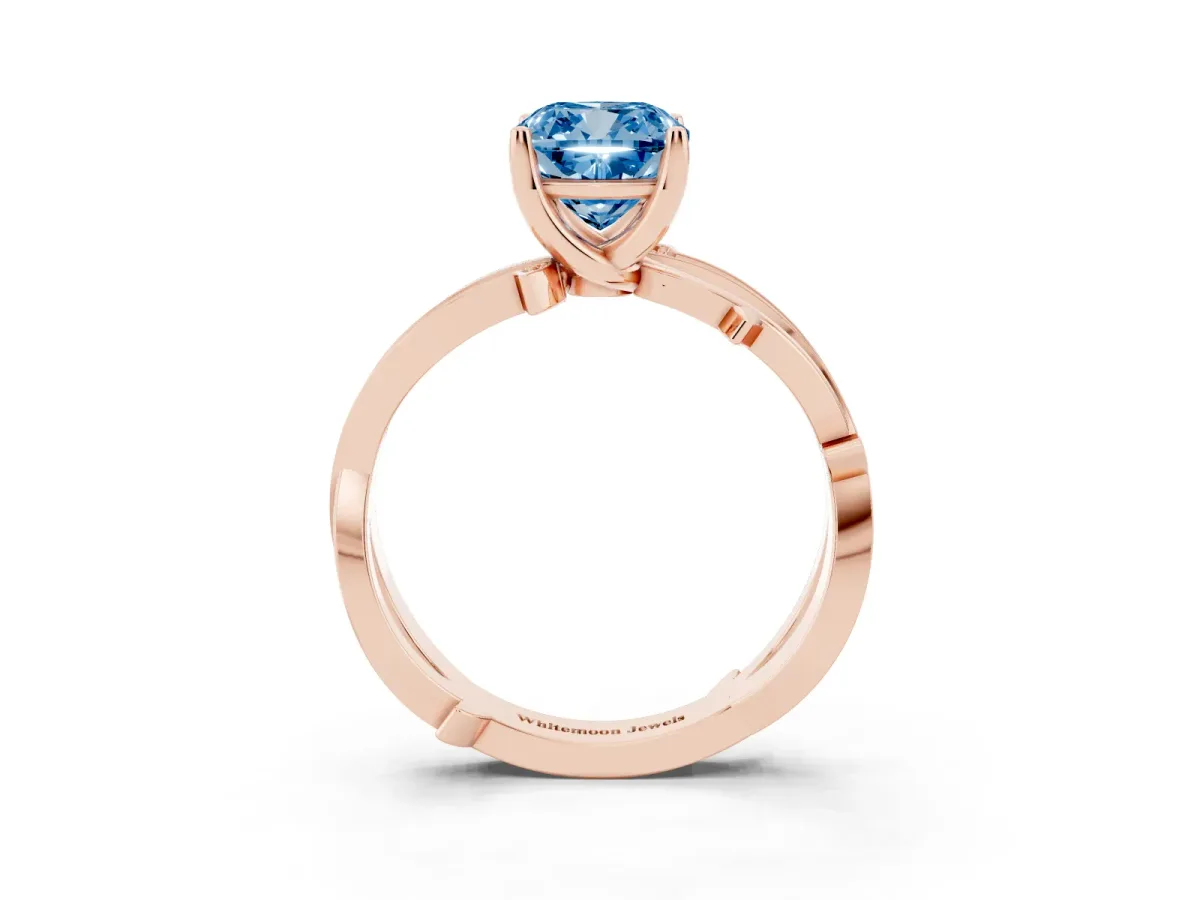 Fancy Blue Cushion Cut Solitaire Twist Band with Pavé Accents and Four-Prong Setting Rose gold