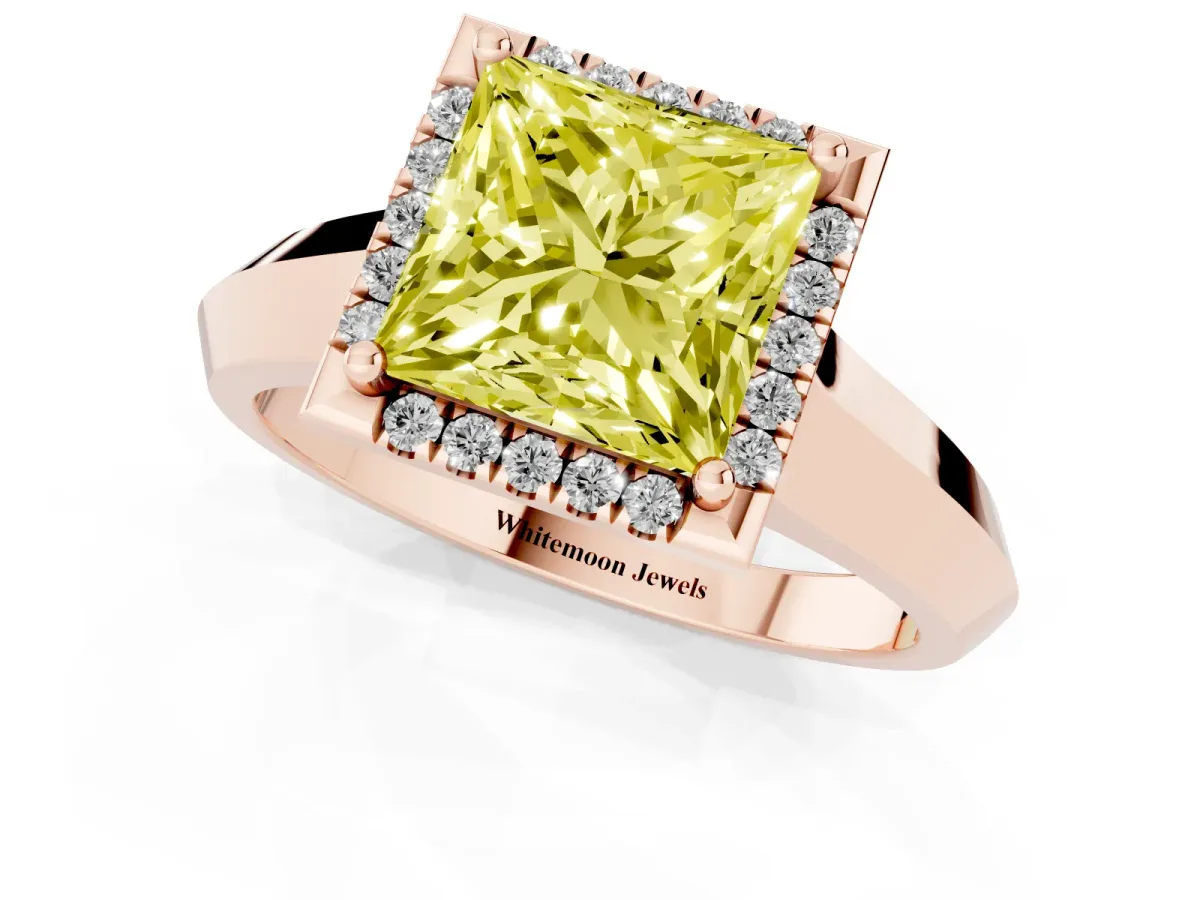 Fancy Yellow Princess Cut Halo Diamond Ring with Cathedral Band and Four-Prong Setting Rose gold