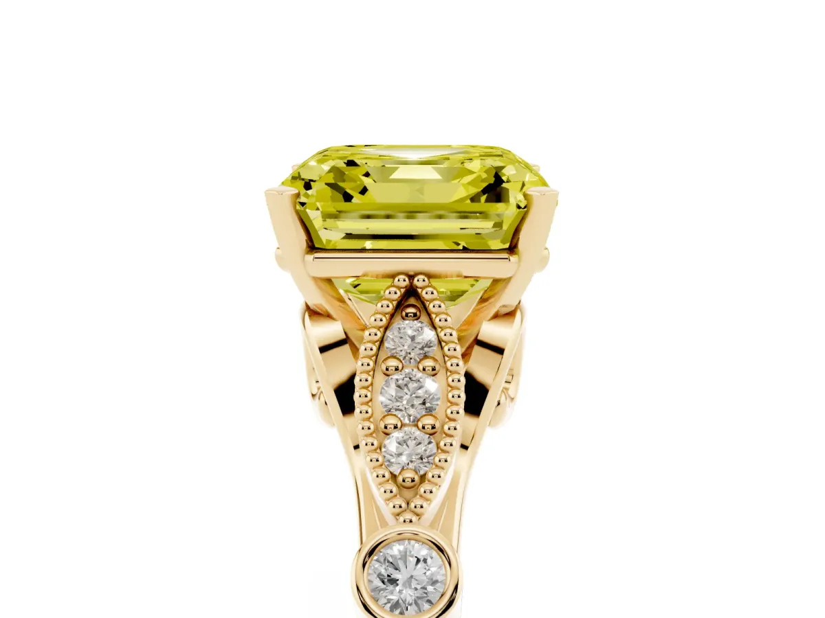 Fancy Yellow Asscher Cut Cut Diamond with Milgrain Marquise and Bezel Accents on a Solitaire Band with Prong Setting Yellow gold