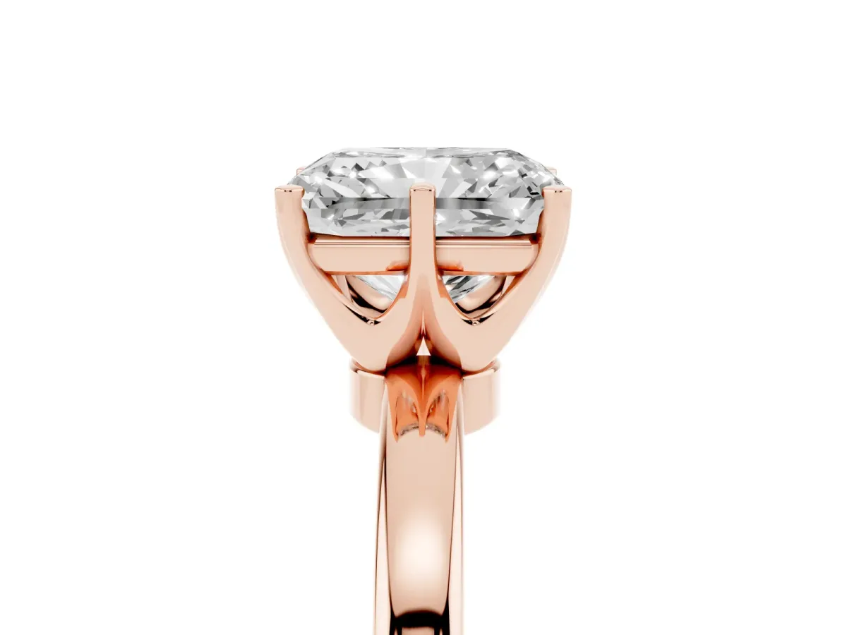Radiant Cut Solitaire Diamond Ring with Six-Prong Setting on a Classic Band Rose gold