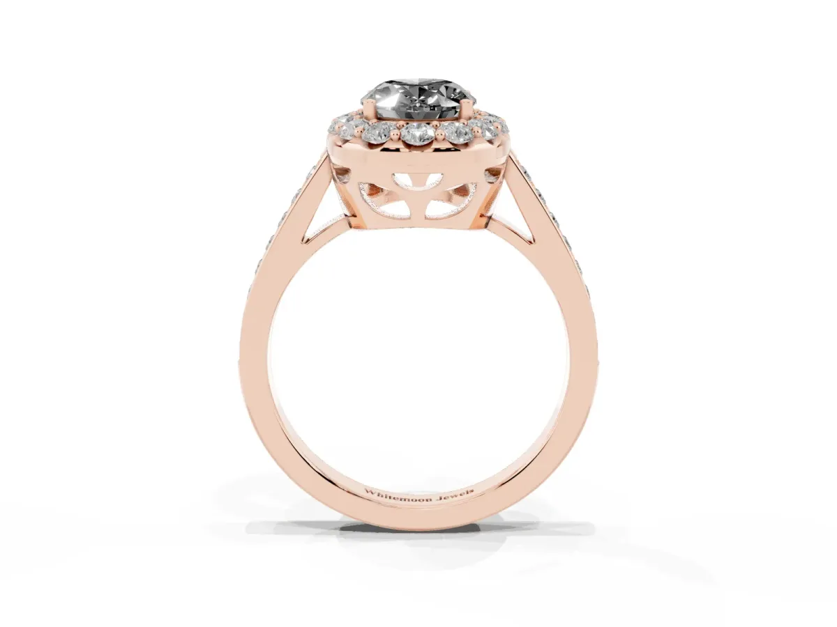 Fancy Black Oval Cut Diamond Floral Halo Ring with Pavé Band and Prong Setting Rose gold