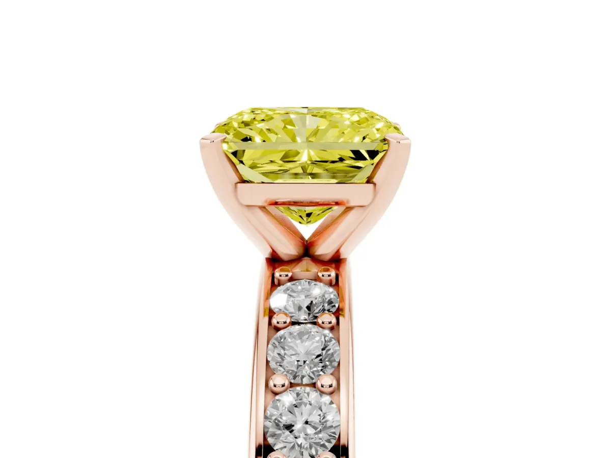 Fancy Yellow Radiant Cut Diamond Engagement Ring with Channel Set Round Band and Prong Setting Rose gold