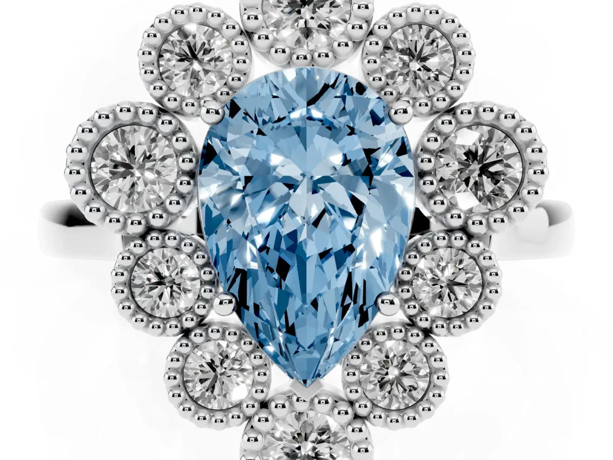 Fancy Blue Pear Cut Halo Diamond Cluster Engagement Ring with Milgrain Bezel Setting and Solitaire Band Platinum