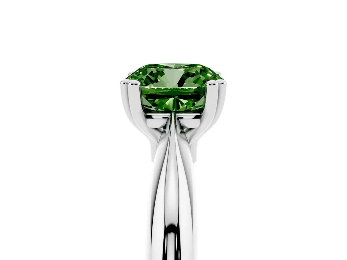 Fancy Green Cushion Cut Cut Solitaire Engagement Ring with Tapered Band and Four-Prong Setting Silver