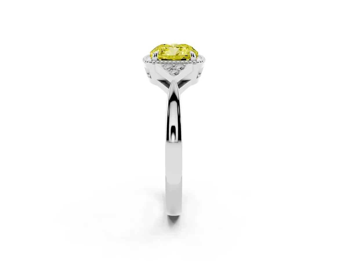 Fancy Yellow Cushion Cut Diamond Halo Ring with Tapered Band and Four-Prong Setting Silver