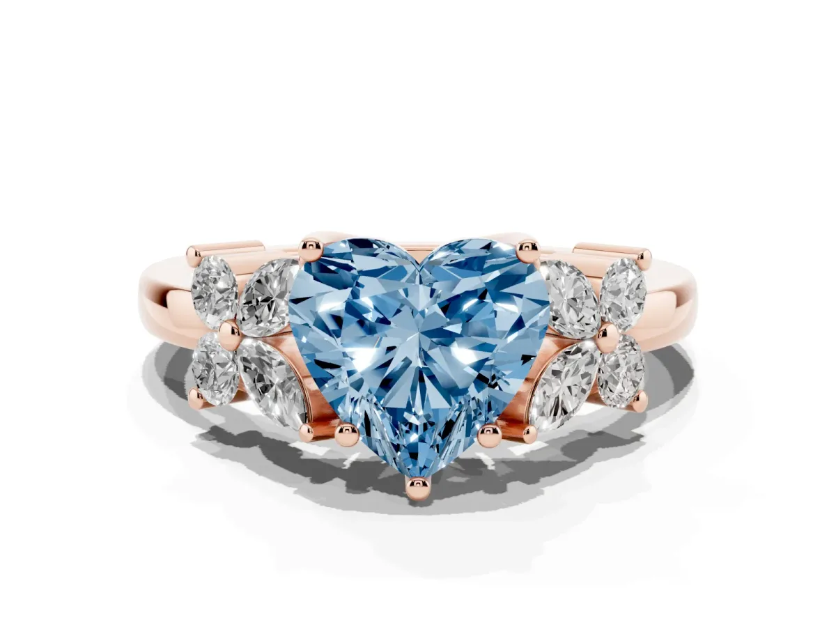 Fancy Blue Heart Cut Diamond Floral Cluster Ring with Solitaire Band and Prong Setting Rose gold