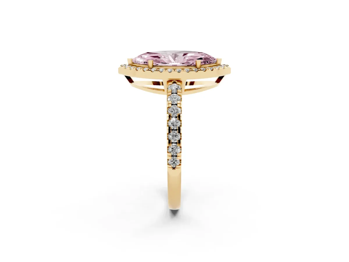 Fancy Pink Marquise Cut Diamond Halo Ring with Pavé Band and Four-Prong Setting Yellow gold