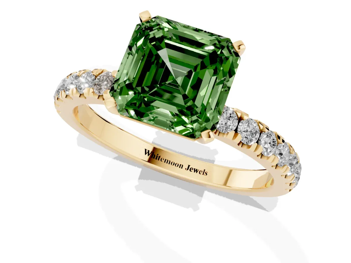 Fancy Green Asscher Cut Diamond Solitaire Ring with Pavé Accents and Four-Prong Setting Yellow gold