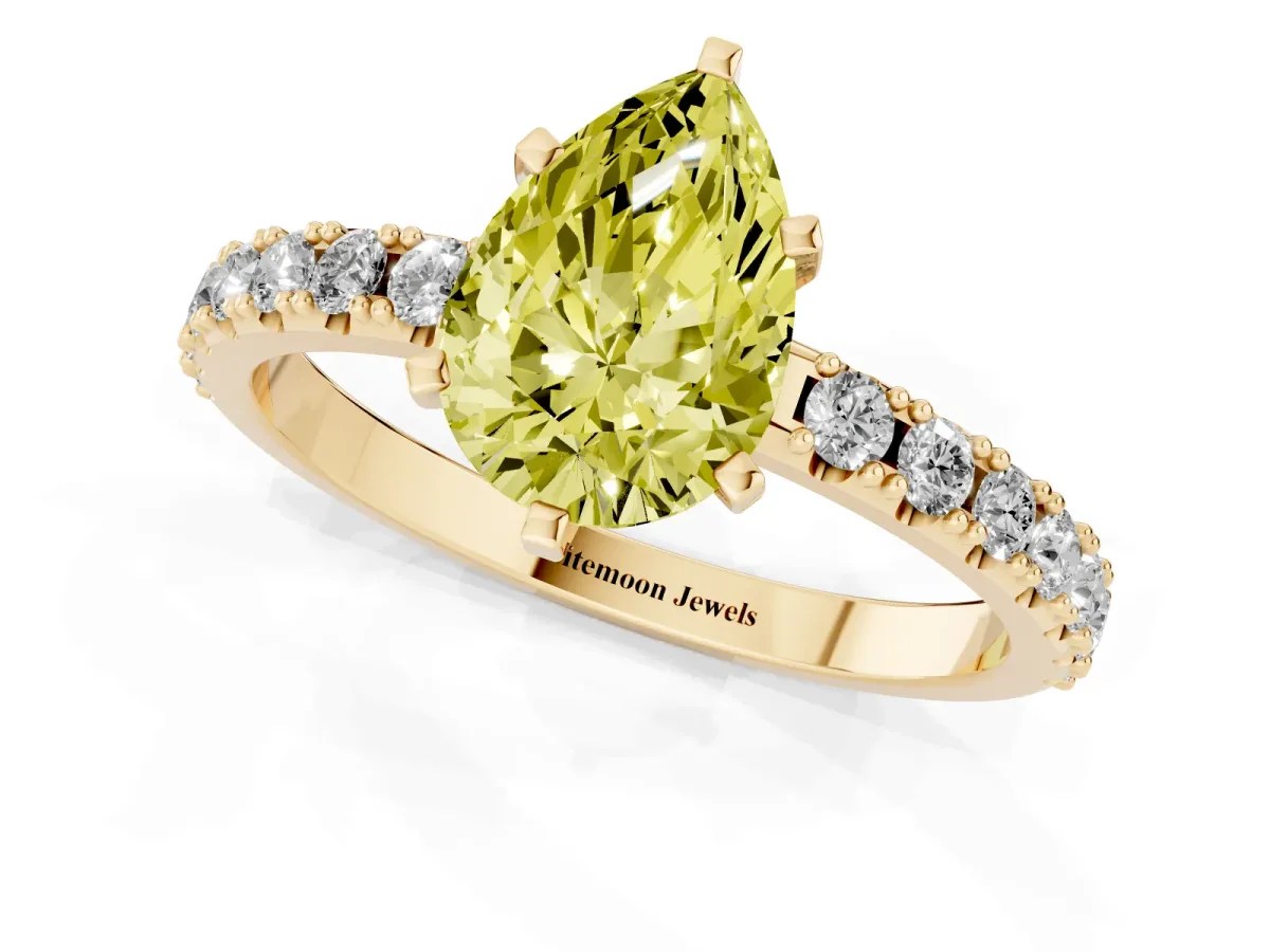 Fancy Yellow Pear Cut Diamond Solitaire Pavé Band with Four-Prong Setting Yellow gold