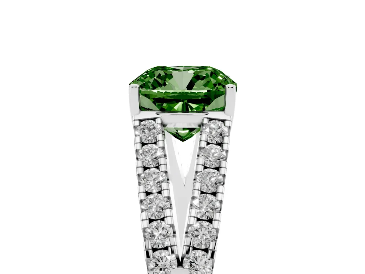 Fancy Green Cushion Cut Diamond Split Shank Engagement Ring with Round Pavé and Prong Setting Silver