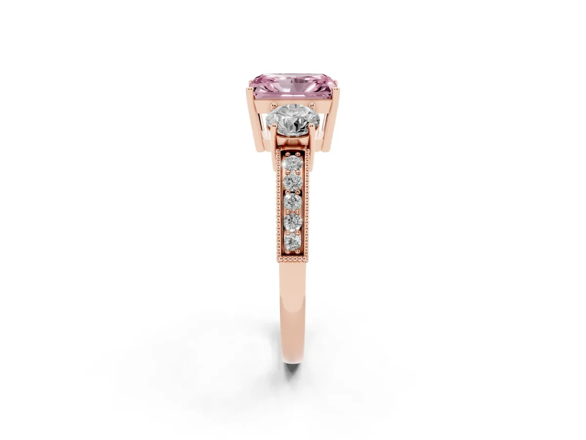 Fancy Pink Radiant Cut Three-Stone Diamond Ring with Pavé Band and Four-Prong Setting Rose gold