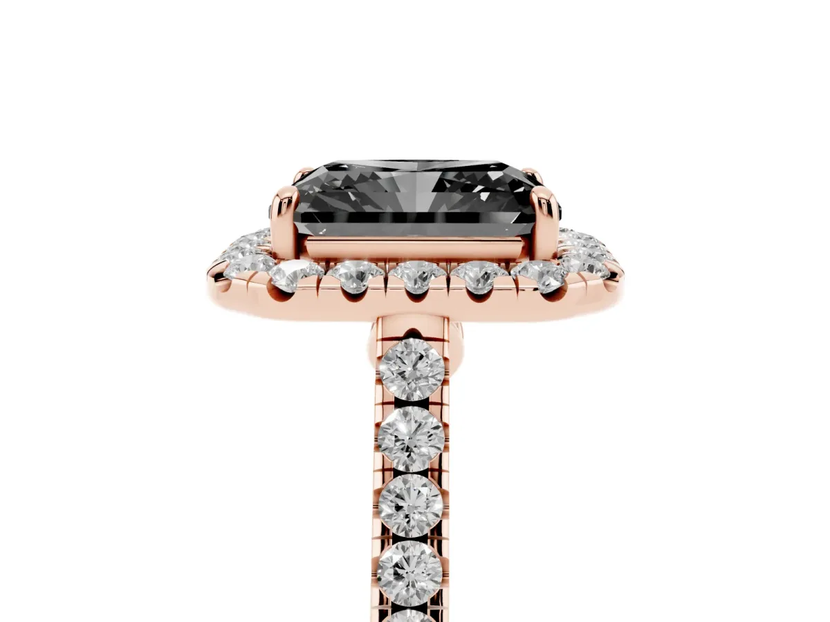 Fancy Black Radiant Cut Halo Pave Diamond Engagement Ring with Four-Prong Setting Rose gold