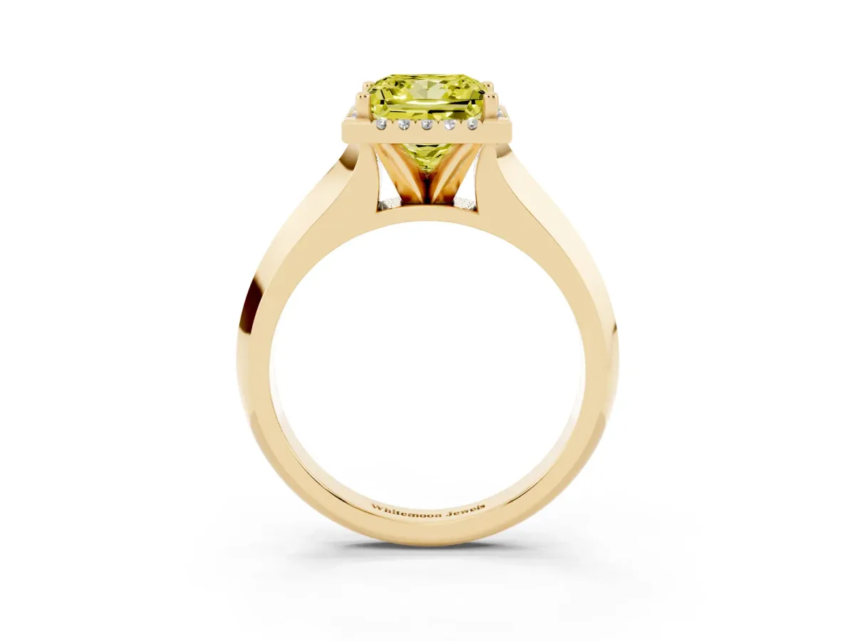 Fancy Yellow Princess Cut Halo Diamond Ring with Cathedral Band and Four-Prong Setting Yellow gold