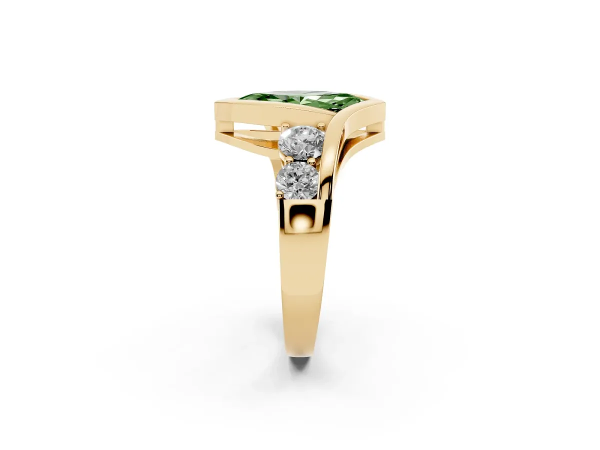 Fancy Green Bezel Set Marquise Cut Diamond Bypass Ring with Round Accents Yellow gold